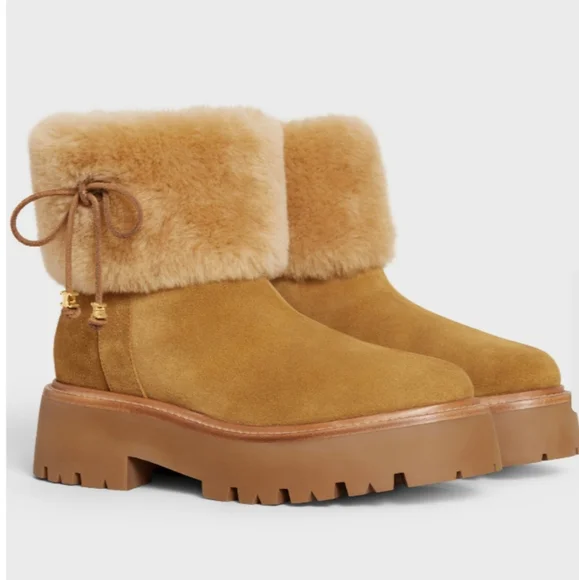 NWT$1,500 CELINE Bulky Brown Suede Triomphe Logo Fur Lined Ankle Boots Sz 36 (6) - Picture 3 of 15